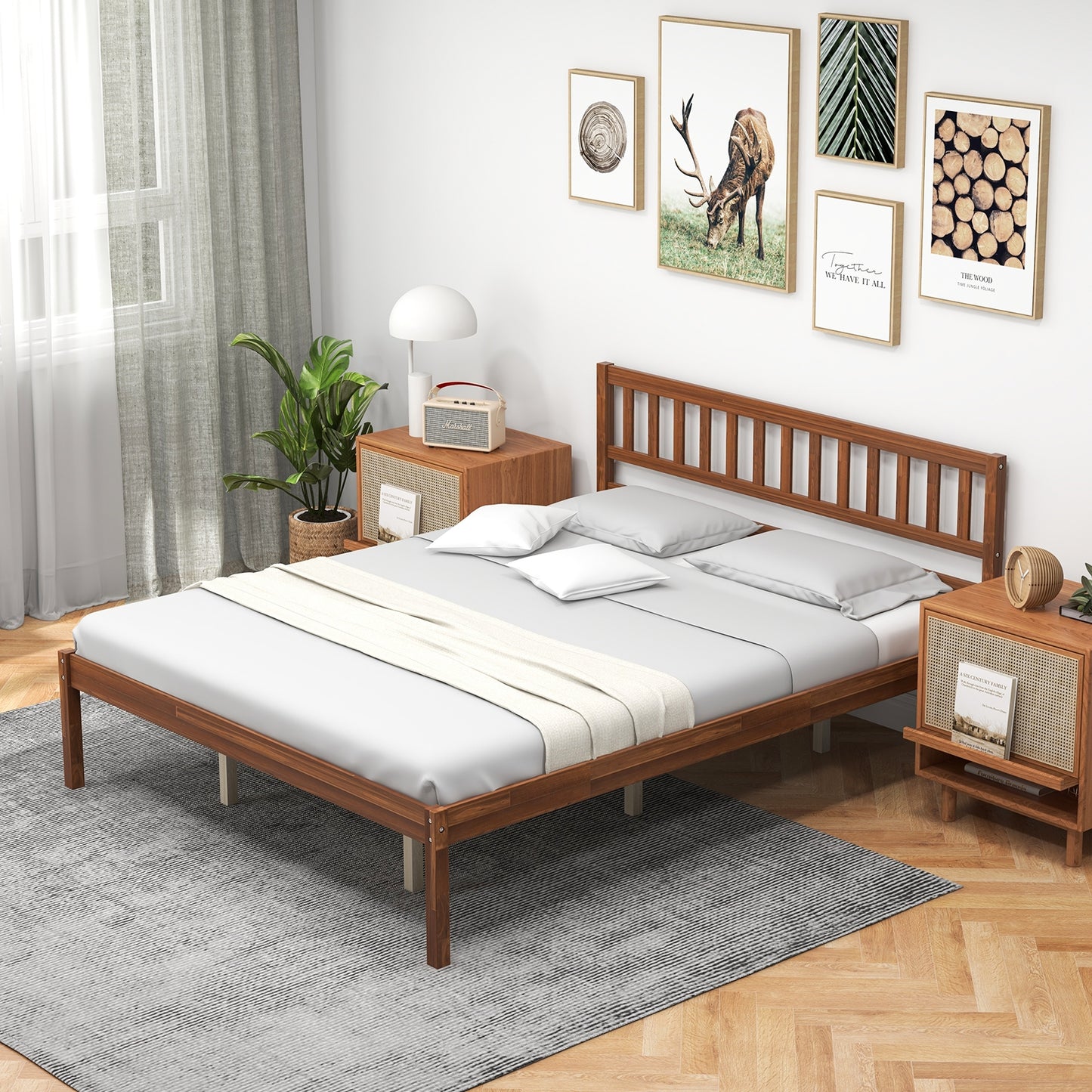 Solid Wood Bed Frame with Headboard and Slat Support – Queen Size