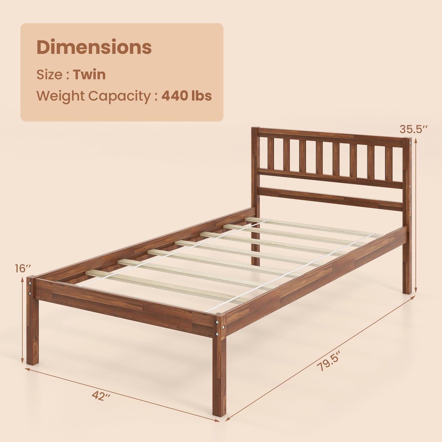 Solid Wood Bed Frame with Headboard and Slat Support – Twin Size