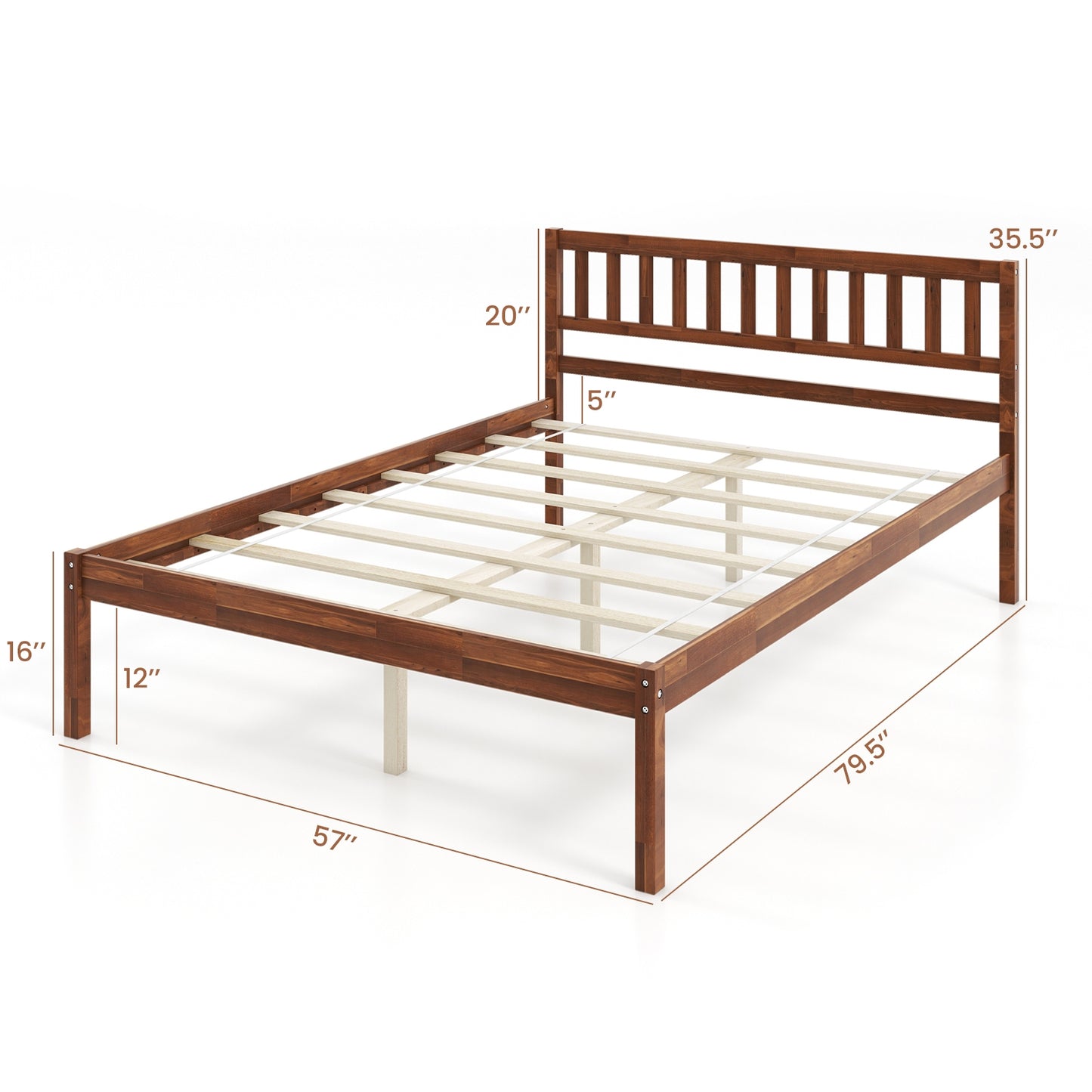 Solid Wood Bed Frame with Headboard and Slat Support – Full Size