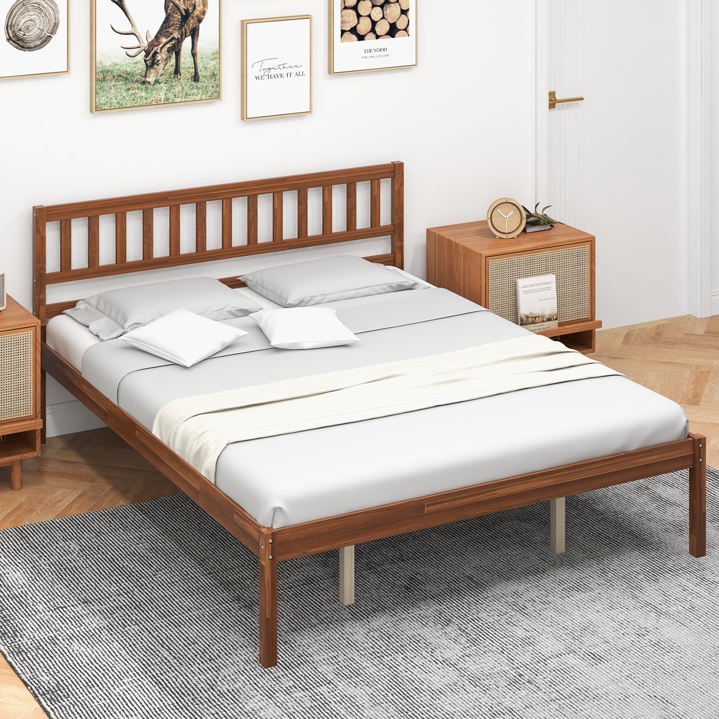 Solid Wood Bed Frame with Headboard and Slat Support – Queen Size