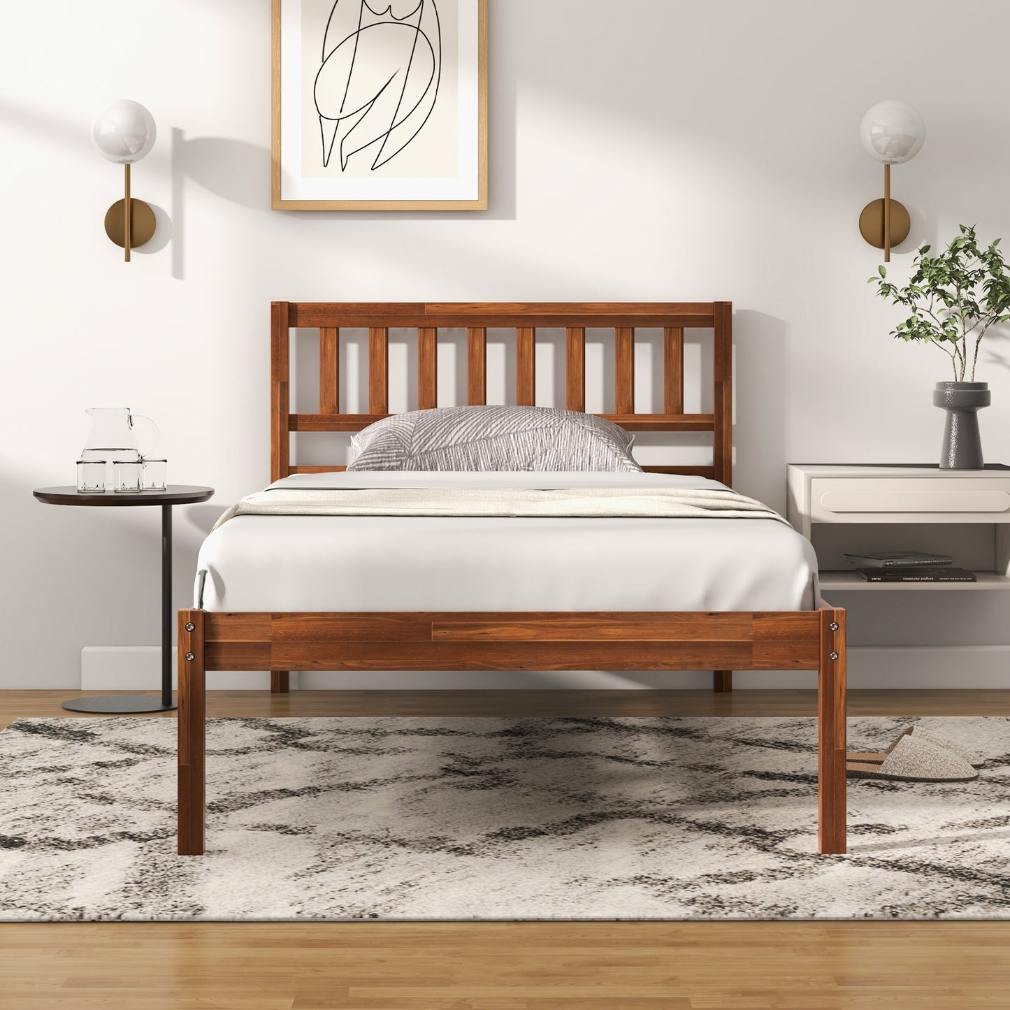 Solid Wood Bed Frame with Headboard and Slat Support – Twin Size