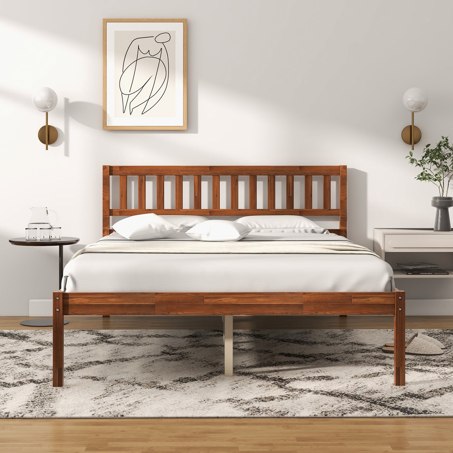 Solid Wood Bed Frame with Headboard and Slat Support – Full Size