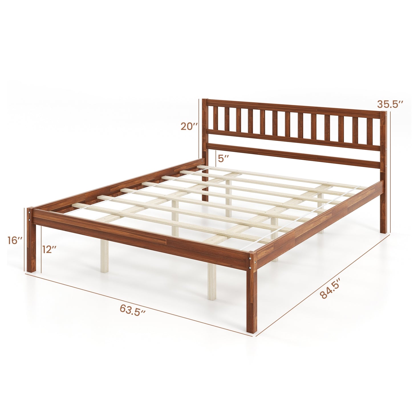 Solid Wood Bed Frame with Headboard and Slat Support – Queen Size