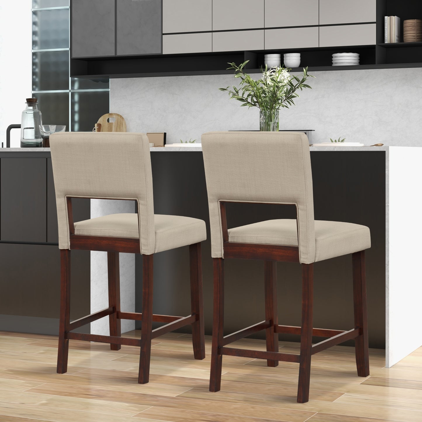 Set of 2 Bar Chairs with Hollowed Back and Solid Rubber Wood Legs, Beige