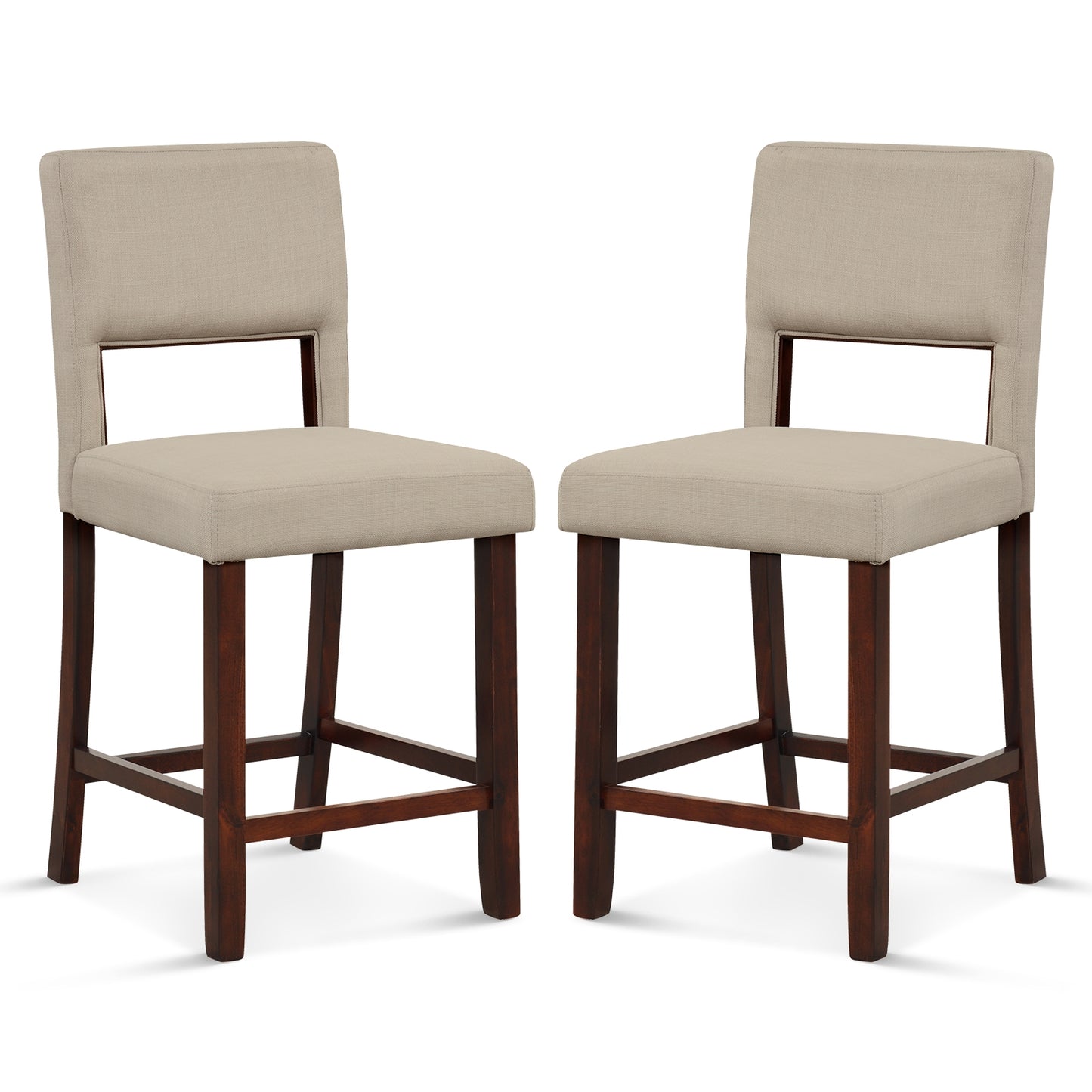 Set of 2 Bar Chairs with Hollowed Back and Solid Rubber Wood Legs, Beige