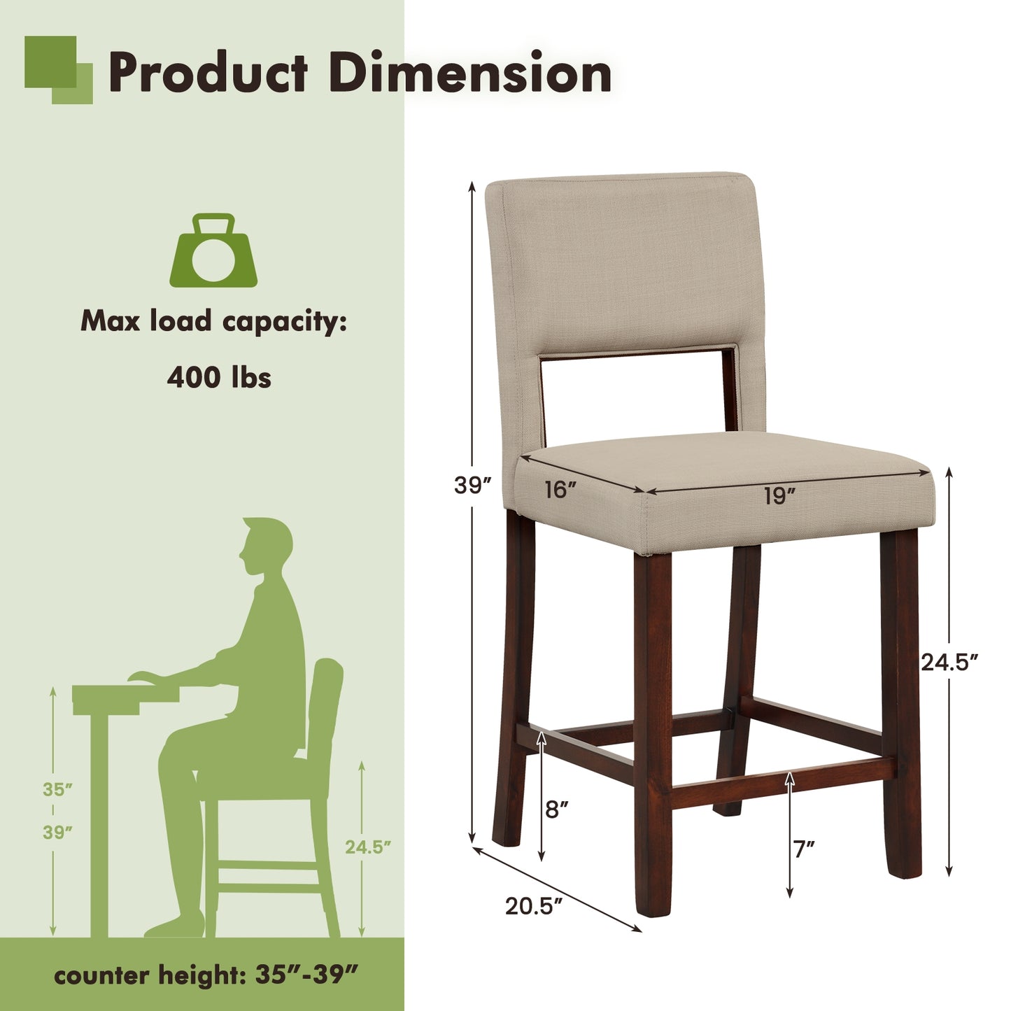 Set of 2 Bar Chairs with Hollowed Back and Solid Rubber Wood Legs, Beige