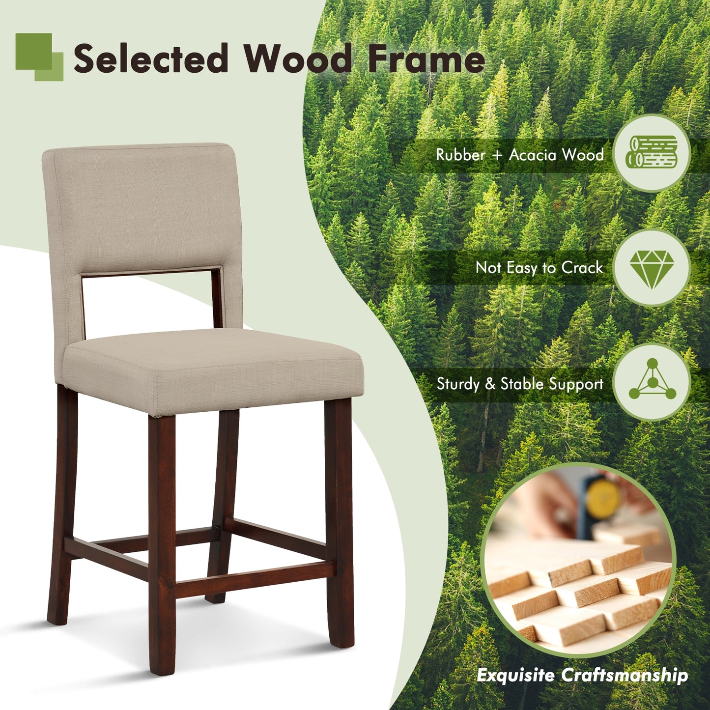 Set of 2 Bar Chairs with Hollowed Back and Solid Rubber Wood Legs, Beige