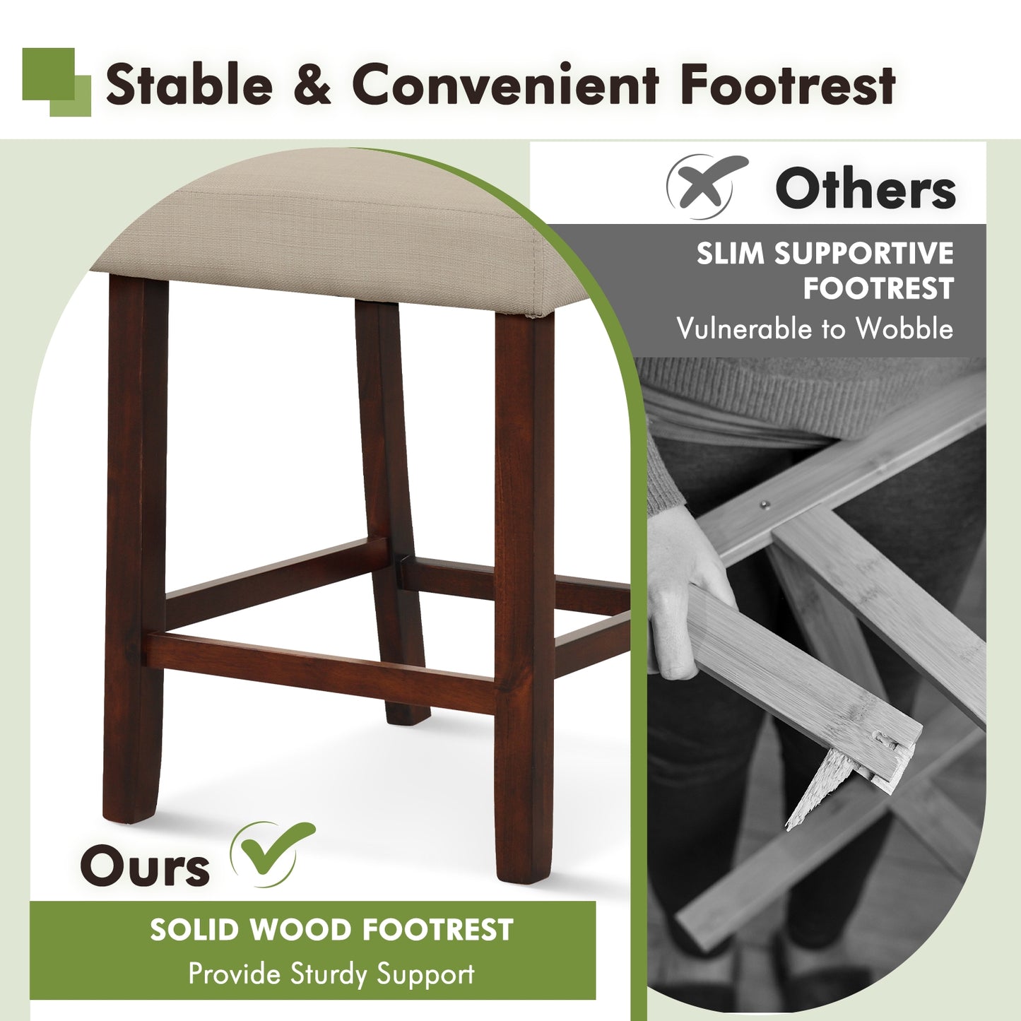Set of 2 Bar Chairs with Hollowed Back and Solid Rubber Wood Legs, Beige