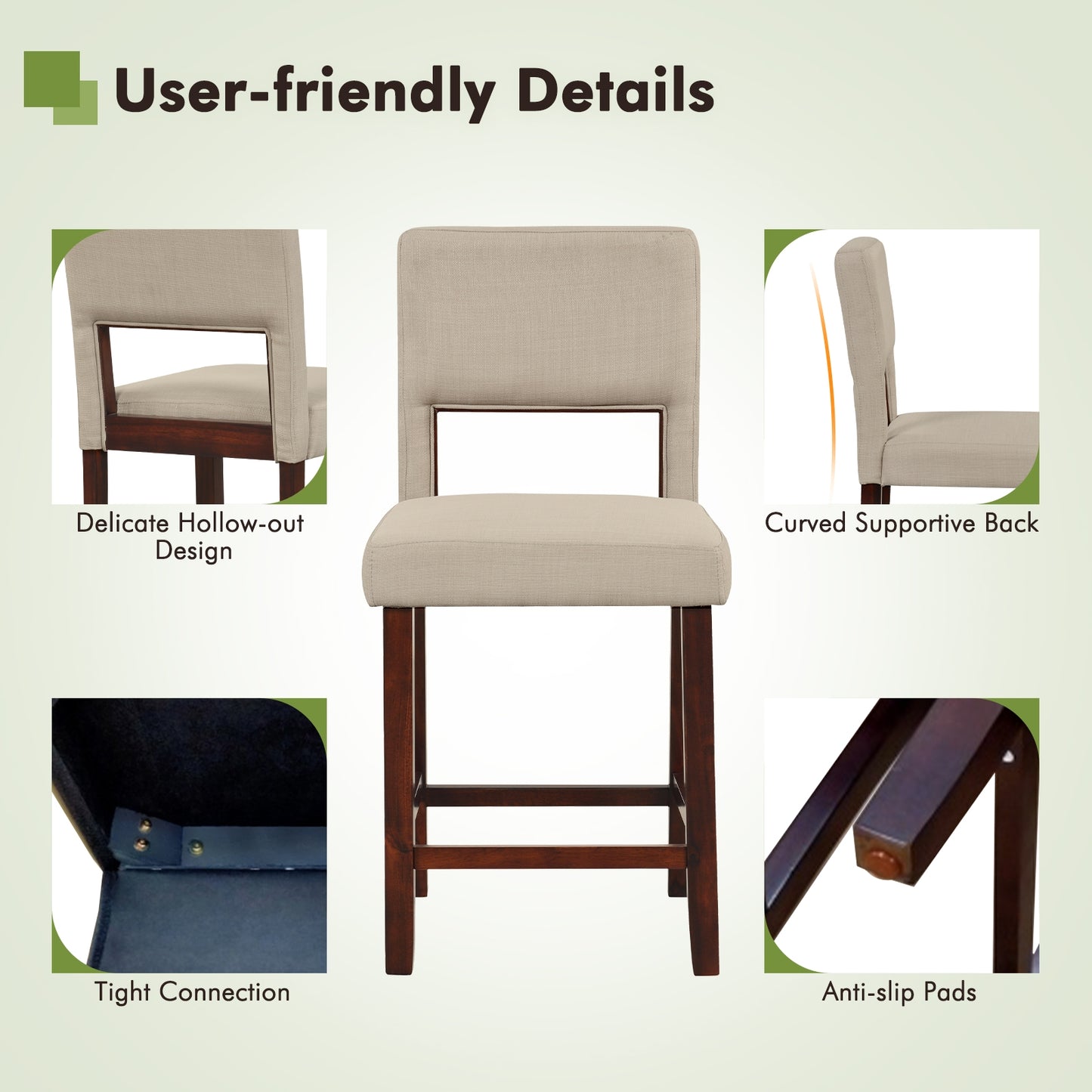 Set of 2 Bar Chairs with Hollowed Back and Solid Rubber Wood Legs, Beige