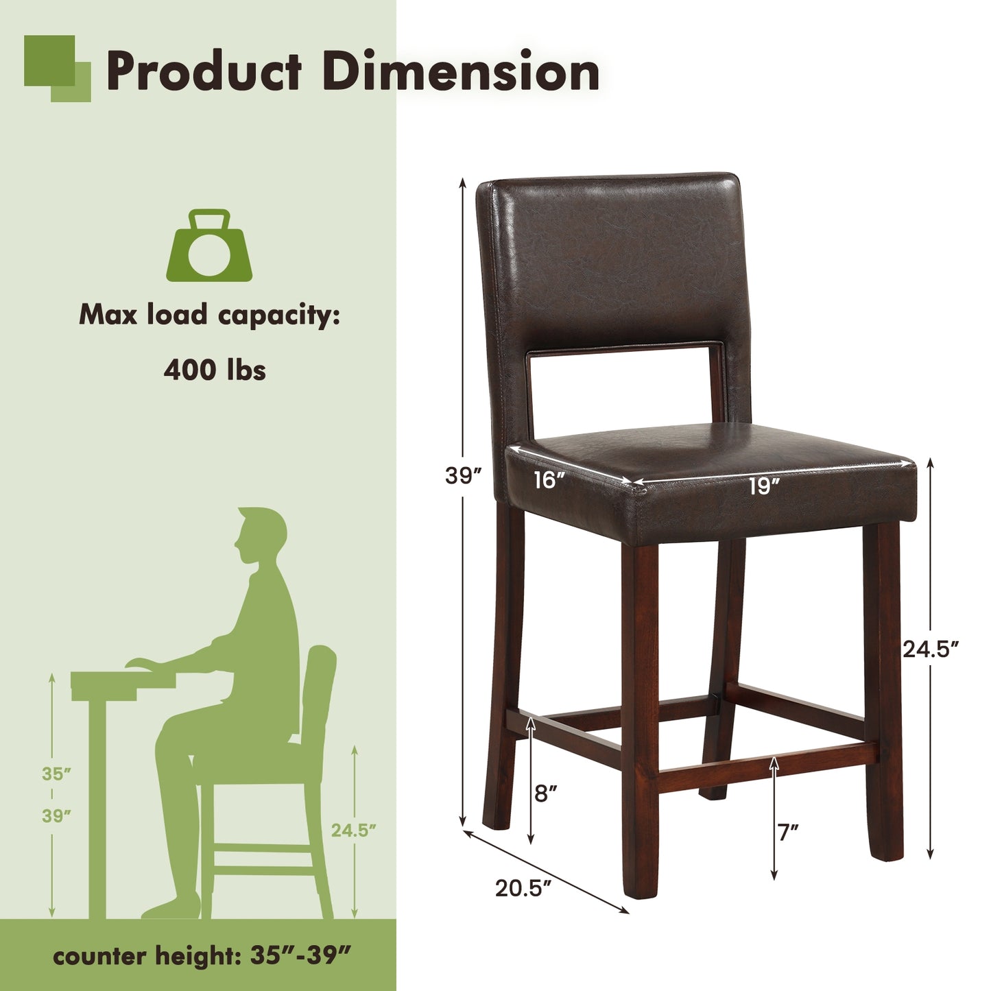 Set of 2 Bar Chairs with Hollowed Back and Solid Rubber Wood Legs, Brown