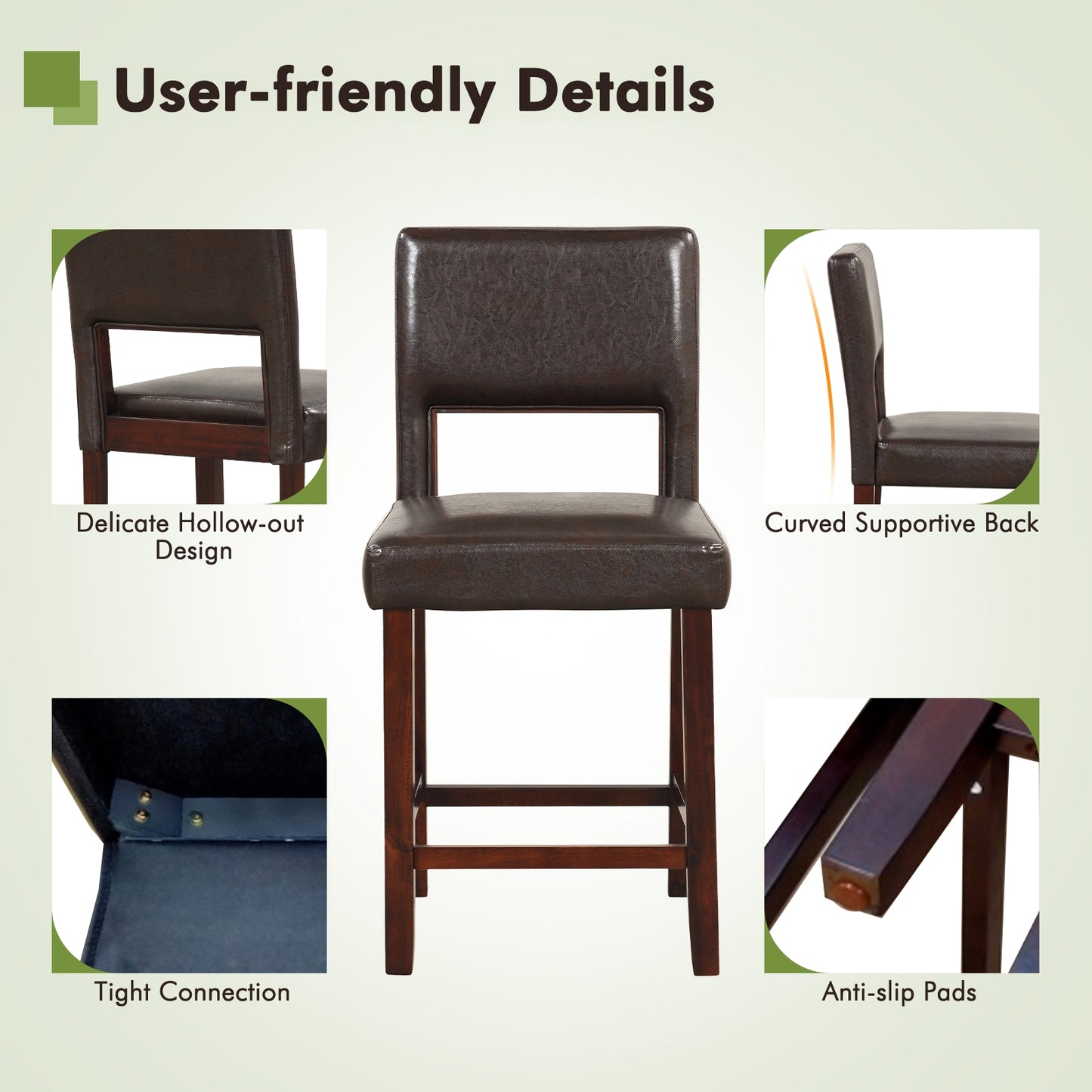 Set of 2 Bar Chairs with Hollowed Back and Solid Rubber Wood Legs, Brown