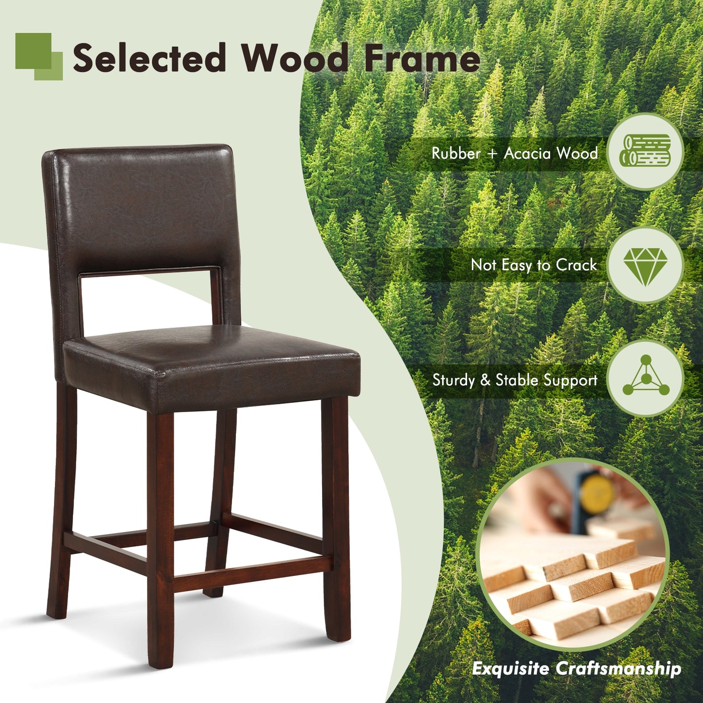 Set of 2 Bar Chairs with Hollowed Back and Solid Rubber Wood Legs, Brown
