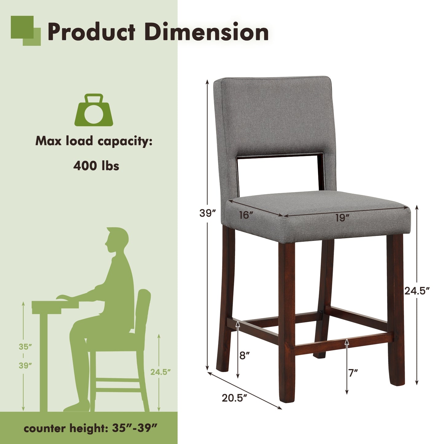 Set of 2 Bar Chairs with Hollowed Back and Solid Rubber Wood Legs, Grey