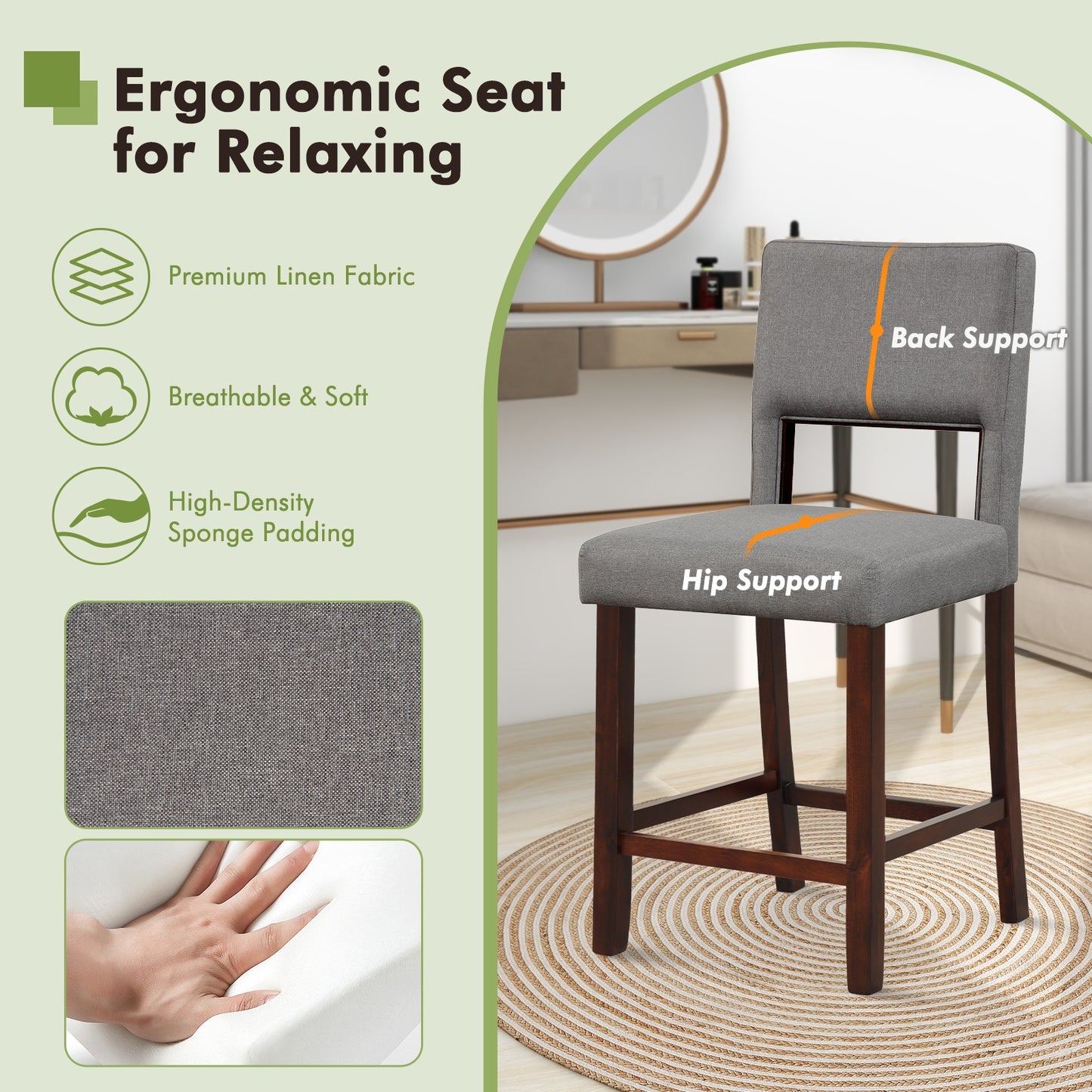 Set of 2 Bar Chairs with Hollowed Back and Solid Rubber Wood Legs, Grey
