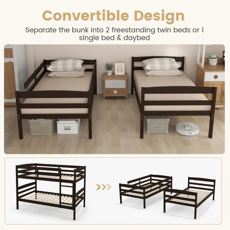 Durable Solid Wood Twin Over Twin Bunk Bed with High Guardrails & Ladder - Espresso