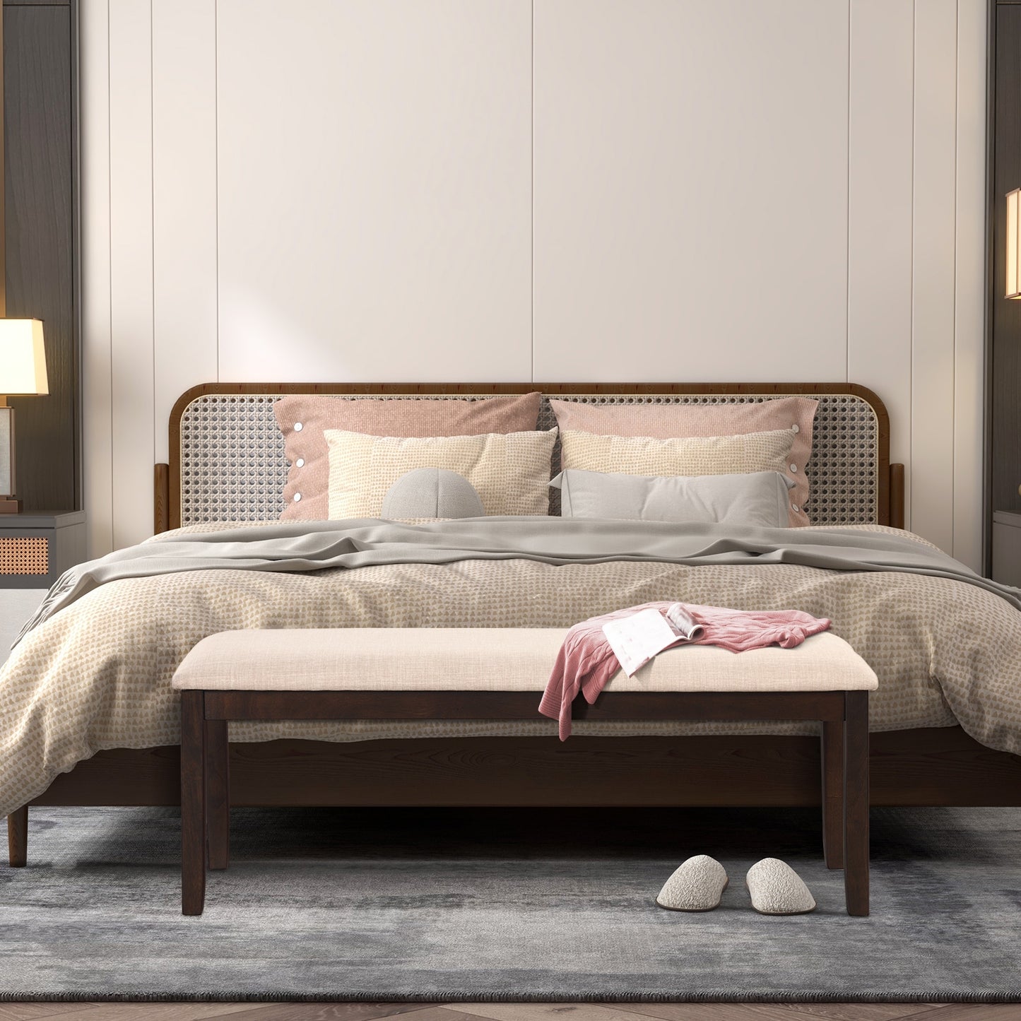 Upholstered Entryway Bench with Padded Cushion, Linen Fabric Seat and Wooden Legs