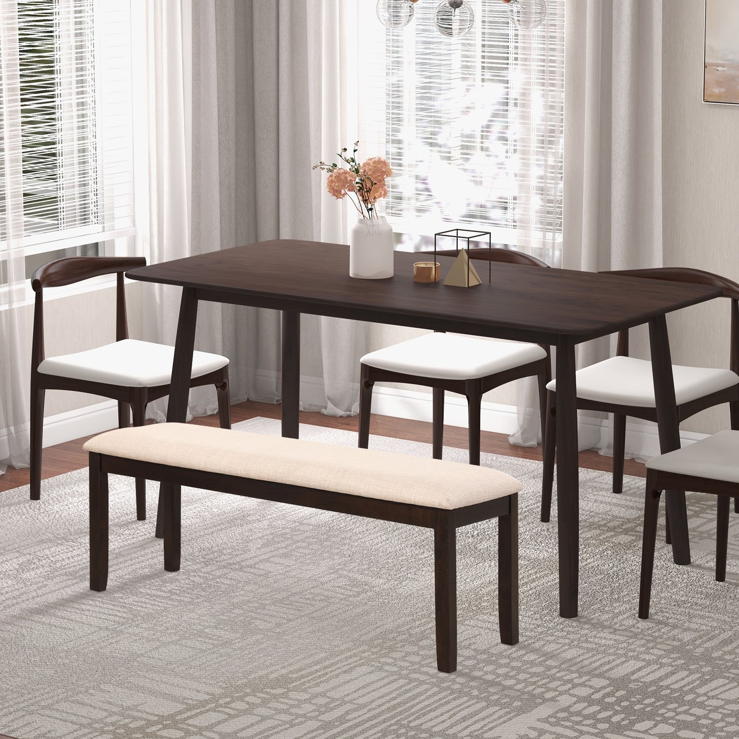 Upholstered Entryway Bench with Padded Cushion, Linen Fabric Seat and Wooden Legs