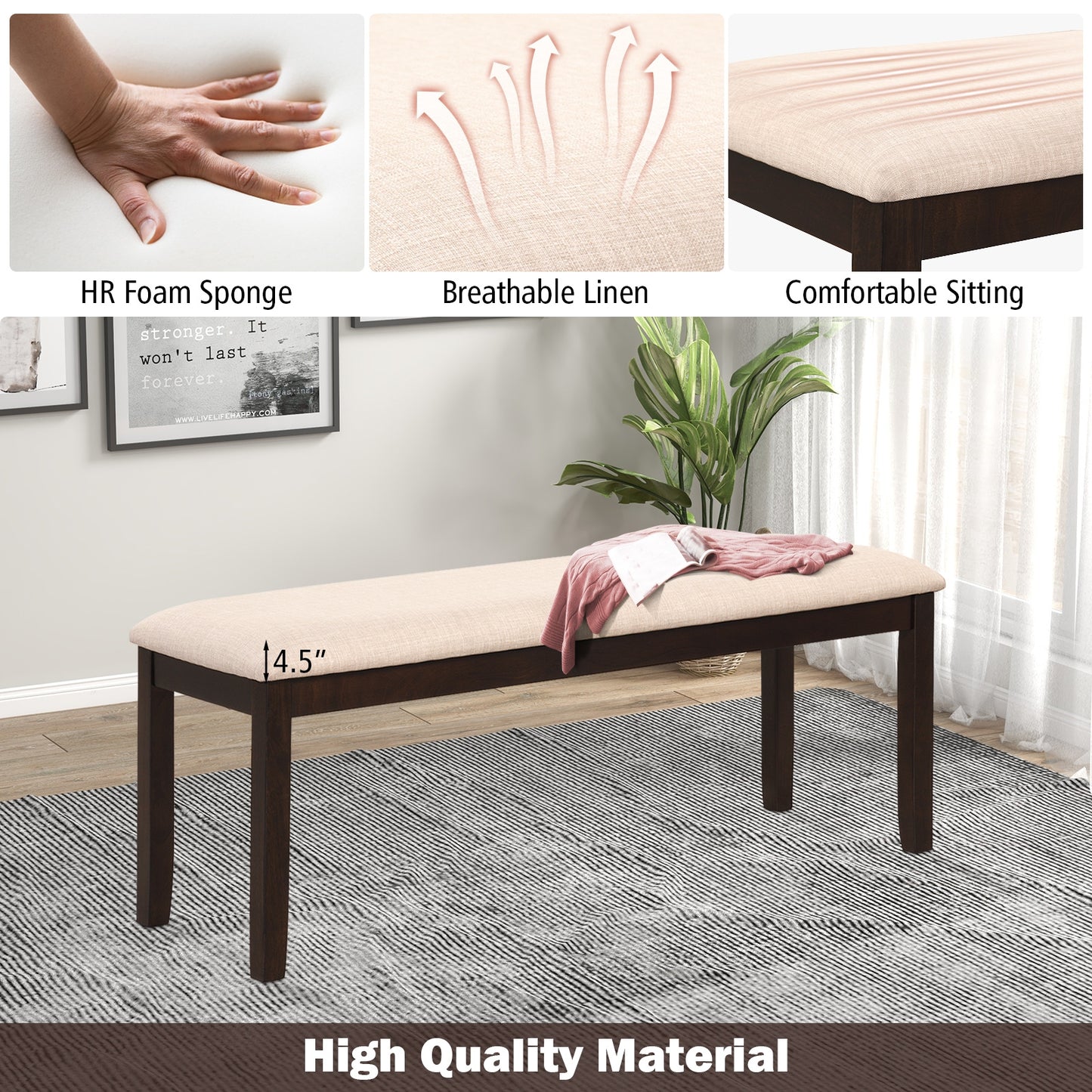 Upholstered Entryway Bench with Padded Cushion, Linen Fabric Seat and Wooden Legs