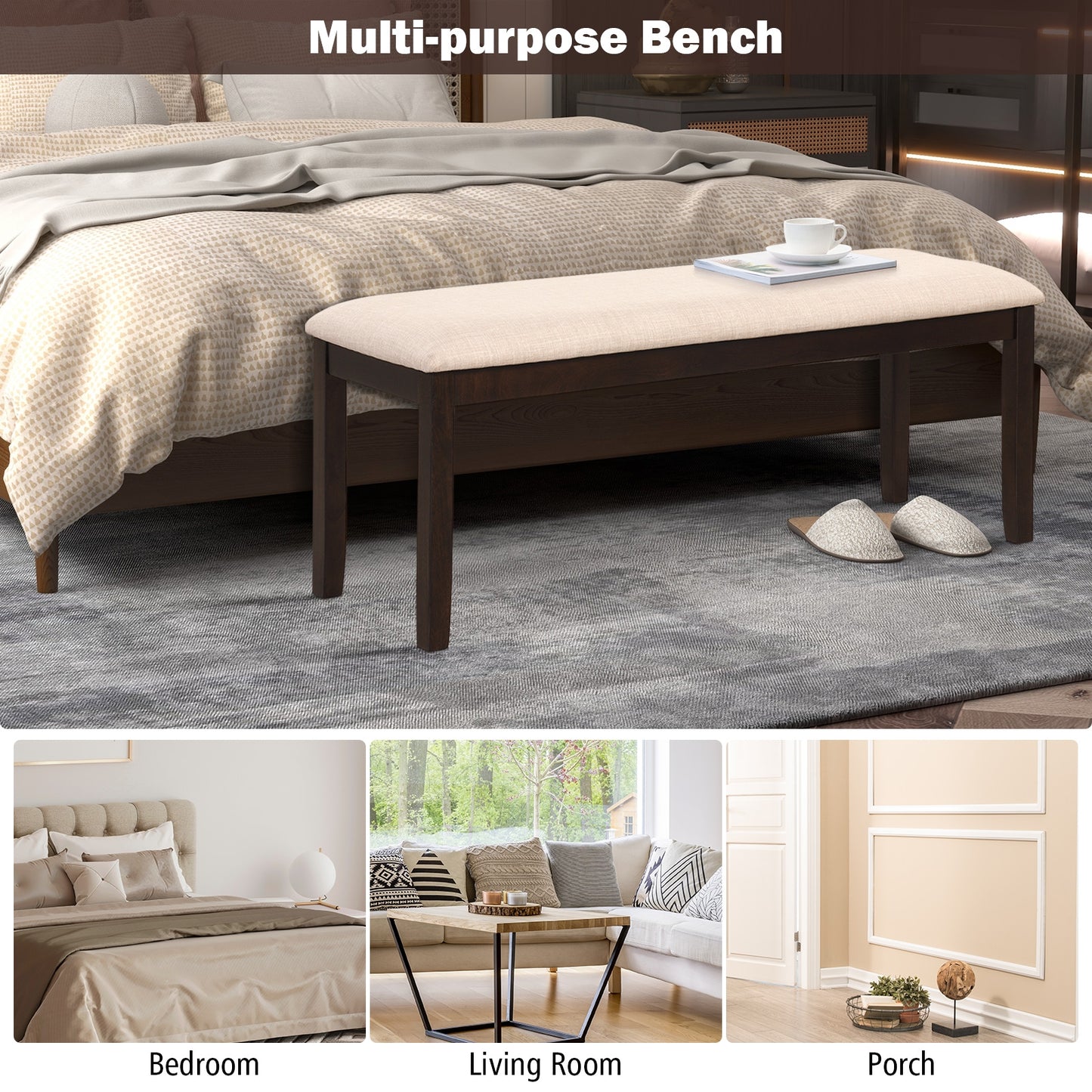 Upholstered Entryway Bench with Padded Cushion, Linen Fabric Seat and Wooden Legs