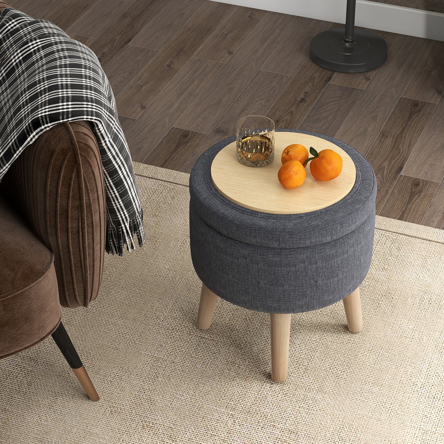 Round Upholstered Storage Ottoman with Flip Lid, Rubber Wood Legs and Adjustable Foot Pads - Grey