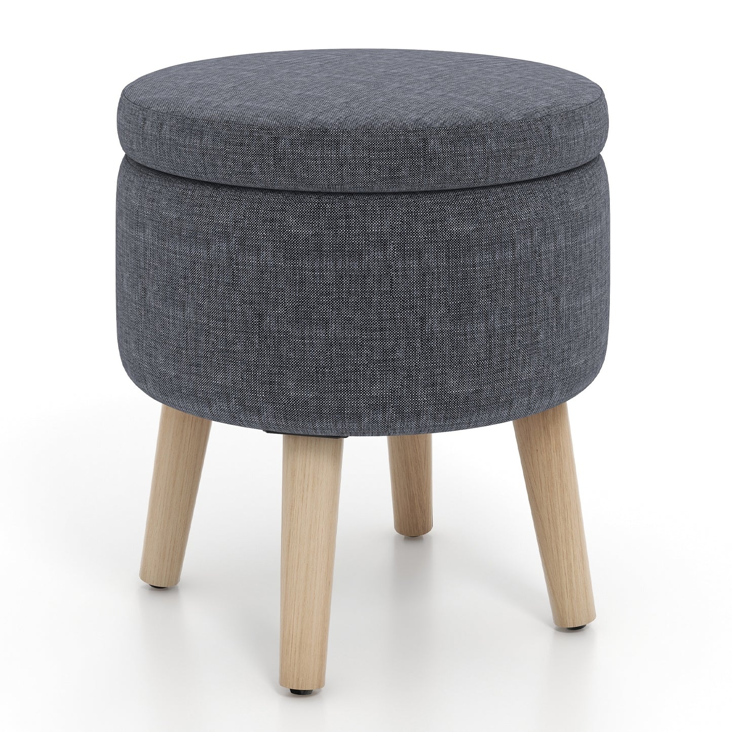 Round Upholstered Storage Ottoman with Flip Lid, Rubber Wood Legs and Adjustable Foot Pads - Grey