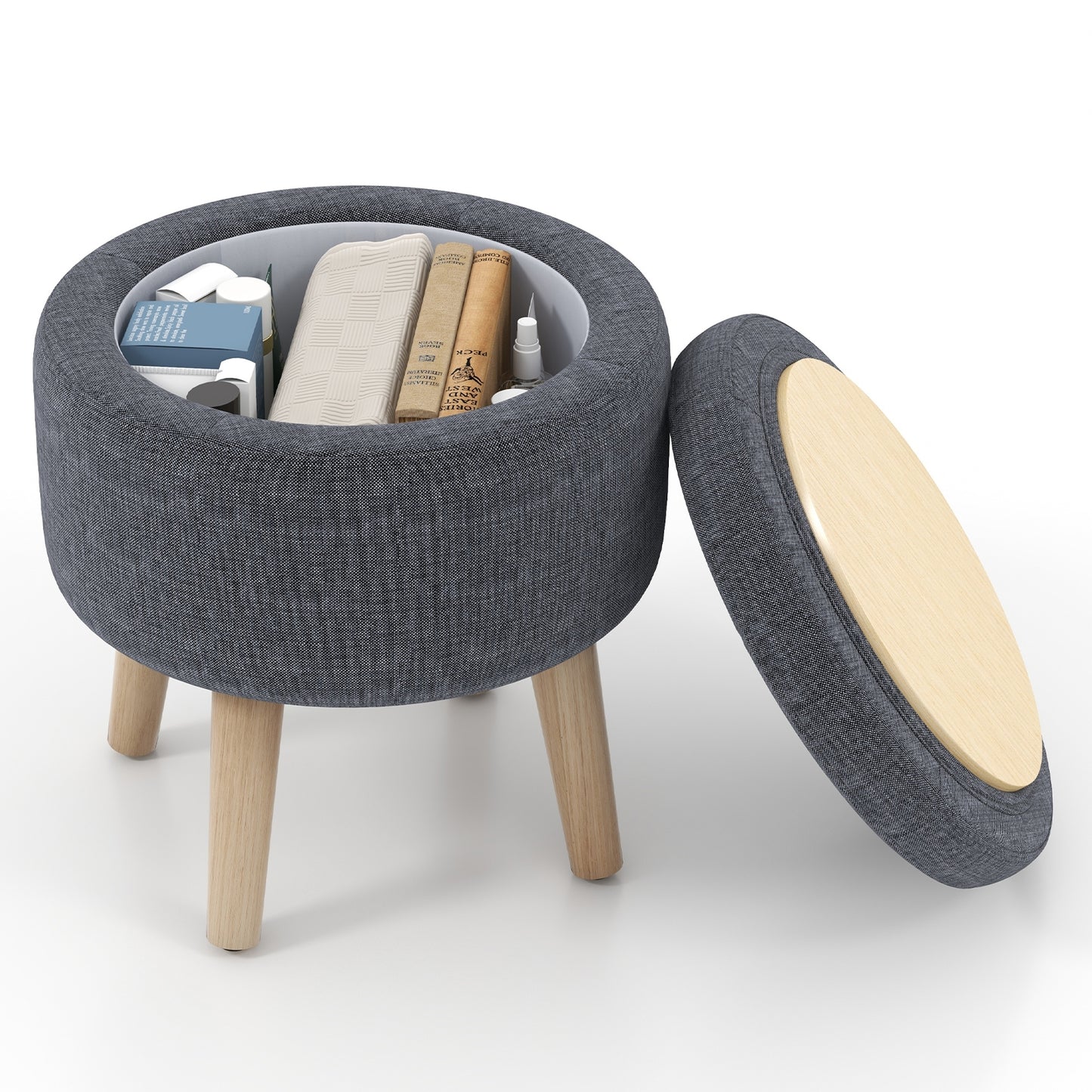 Round Upholstered Storage Ottoman with Flip Lid, Rubber Wood Legs and Adjustable Foot Pads - Grey