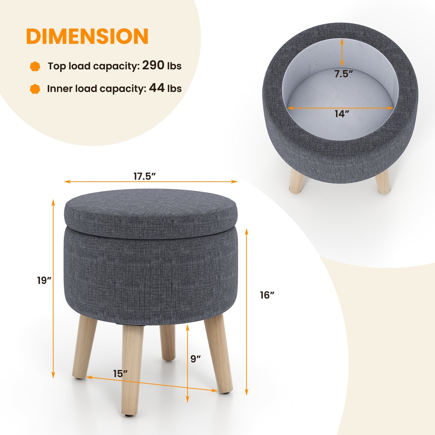 Round Upholstered Storage Ottoman with Flip Lid, Rubber Wood Legs and Adjustable Foot Pads - Grey