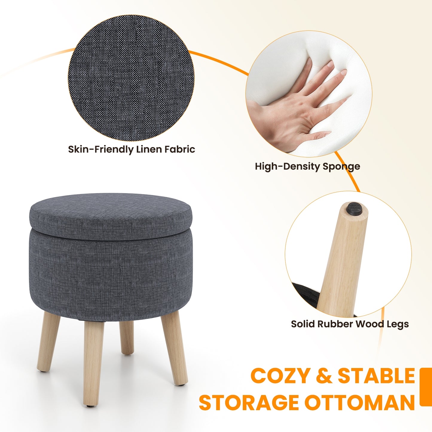 Round Upholstered Storage Ottoman with Flip Lid, Rubber Wood Legs and Adjustable Foot Pads - Grey