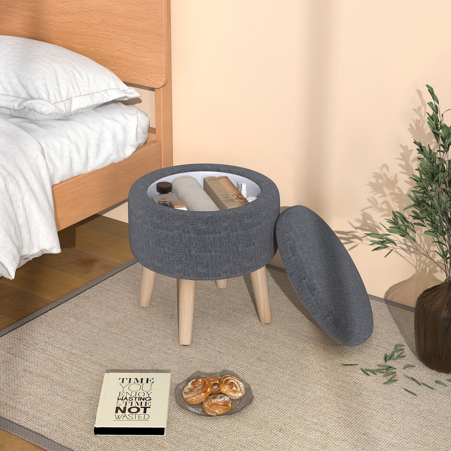 Round Upholstered Storage Ottoman with Flip Lid, Rubber Wood Legs and Adjustable Foot Pads - Grey