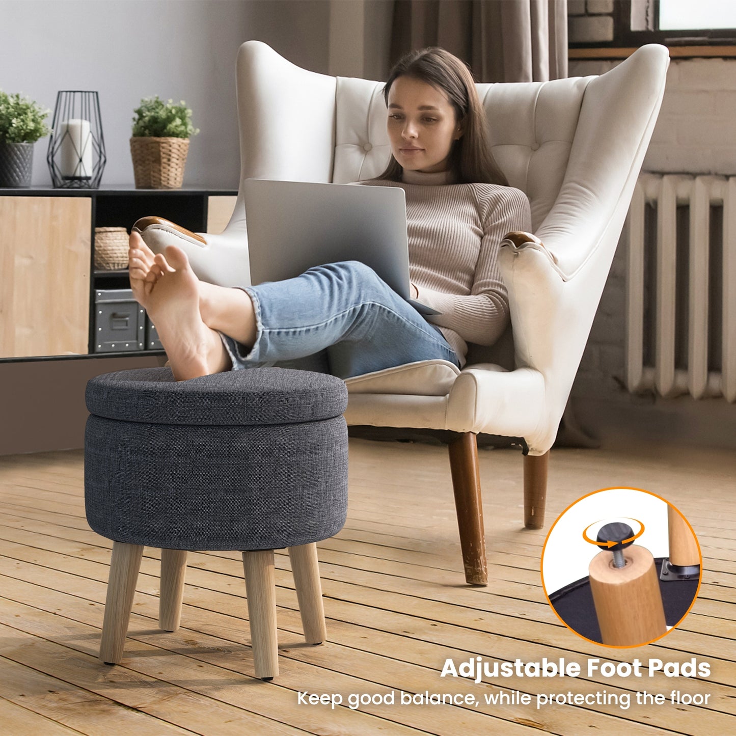 Round Upholstered Storage Ottoman with Flip Lid, Rubber Wood Legs and Adjustable Foot Pads - Grey