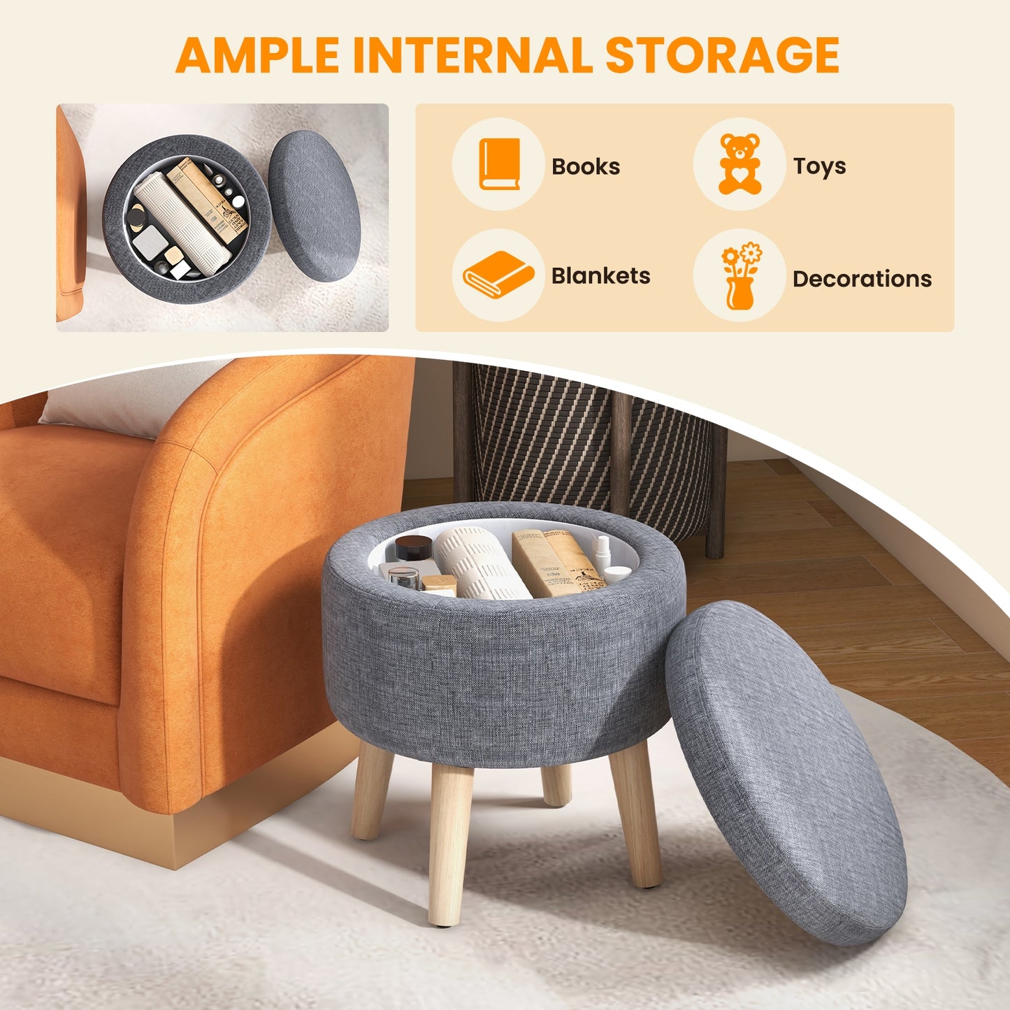 Round Upholstered Storage Ottoman with Flip Lid, Rubber Wood Legs and Adjustable Foot Pads - Grey