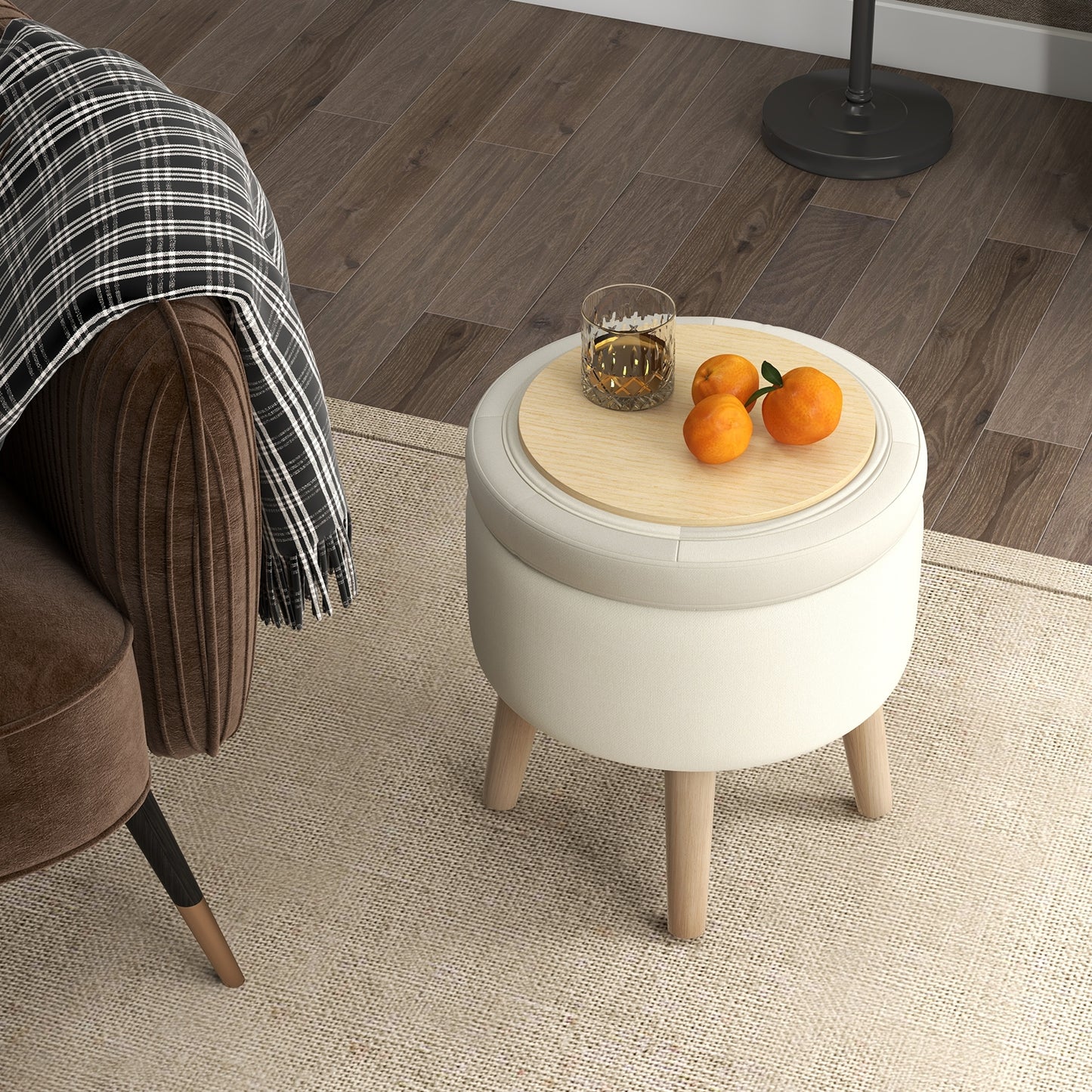Round Upholstered Storage Ottoman with Flip Lid, Rubber Wood Legs and Adjustable Foot Pads - Beige