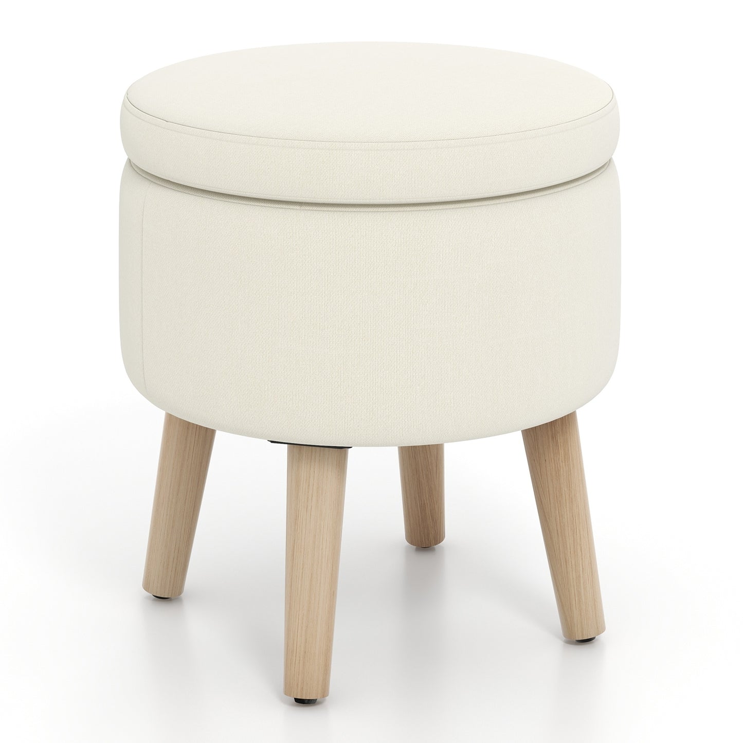 Round Upholstered Storage Ottoman with Flip Lid, Rubber Wood Legs and Adjustable Foot Pads - Beige