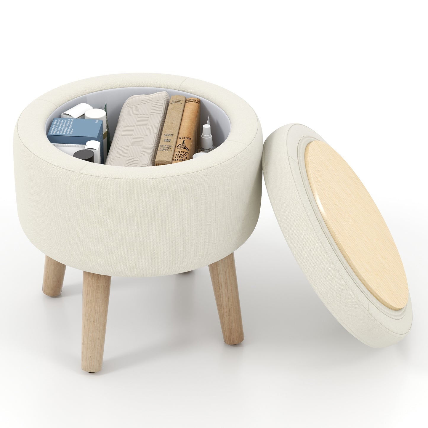 Round Upholstered Storage Ottoman with Flip Lid, Rubber Wood Legs and Adjustable Foot Pads - Beige