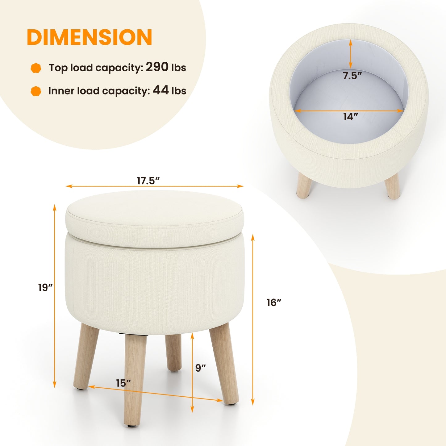 Round Upholstered Storage Ottoman with Flip Lid, Rubber Wood Legs and Adjustable Foot Pads - Beige