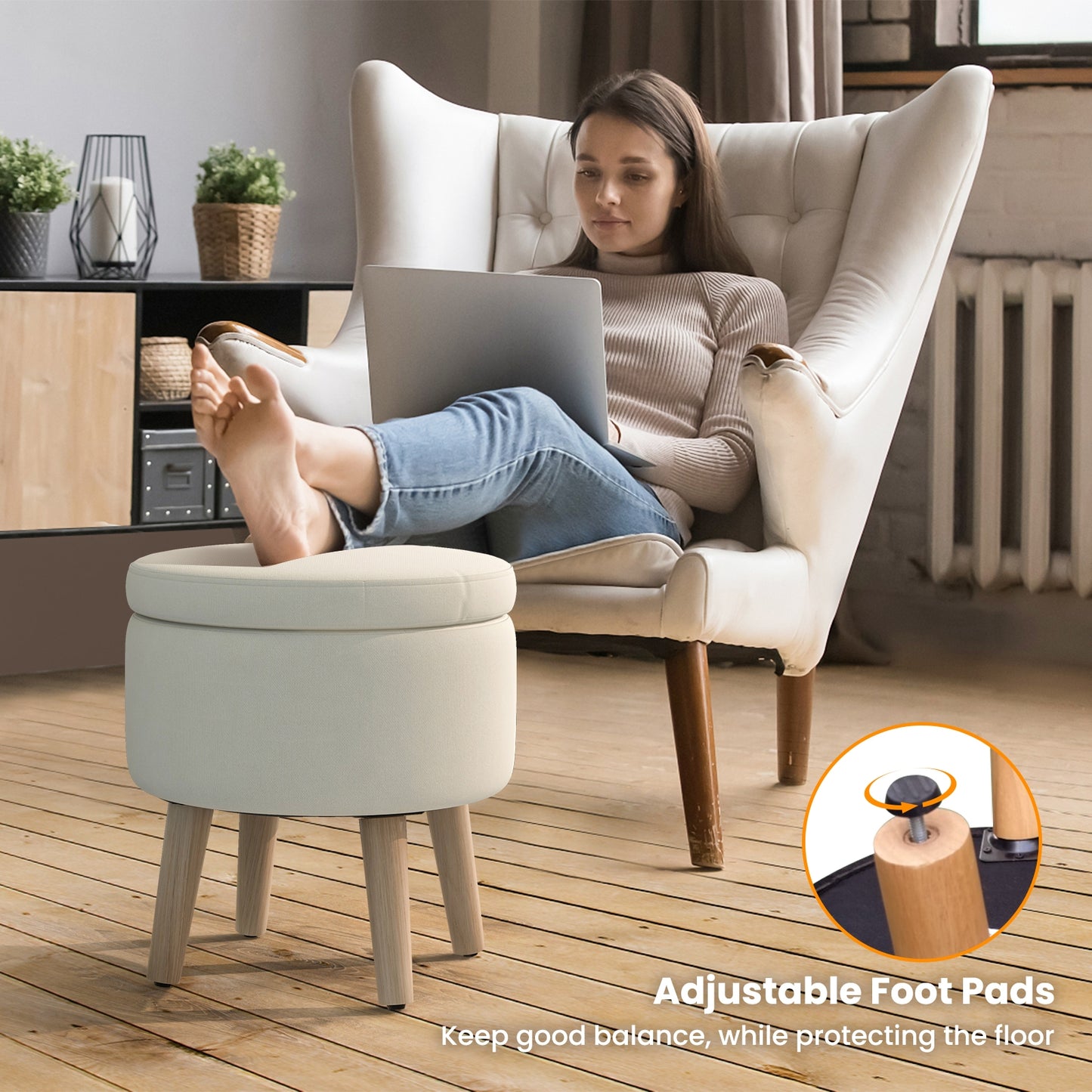 Round Upholstered Storage Ottoman with Flip Lid, Rubber Wood Legs and Adjustable Foot Pads - Beige