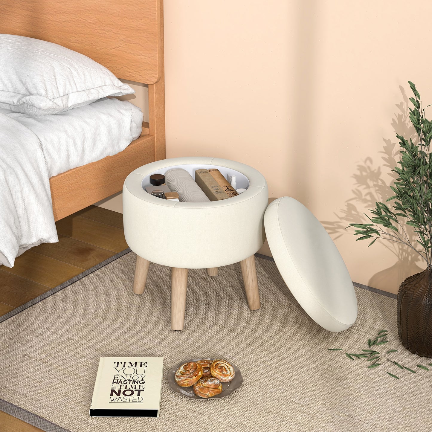 Round Upholstered Storage Ottoman with Flip Lid, Rubber Wood Legs and Adjustable Foot Pads - Beige