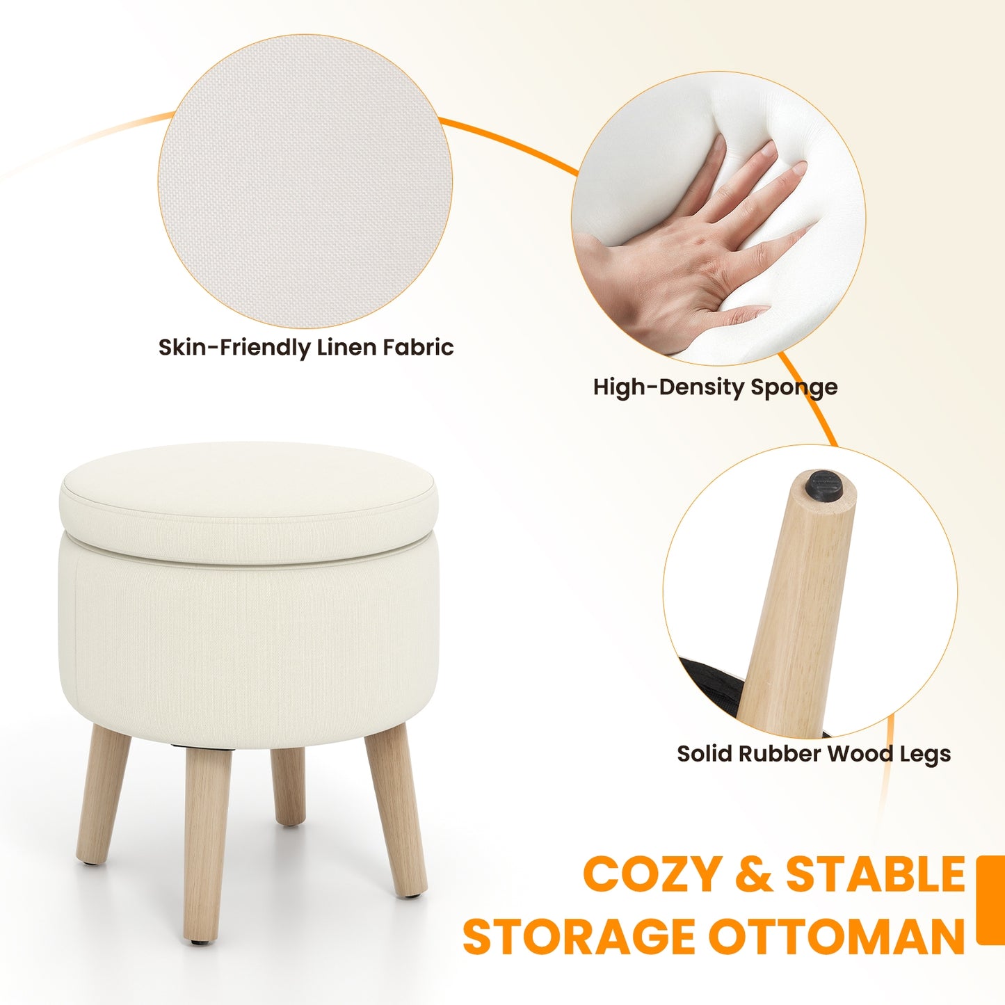 Round Upholstered Storage Ottoman with Flip Lid, Rubber Wood Legs and Adjustable Foot Pads - Beige