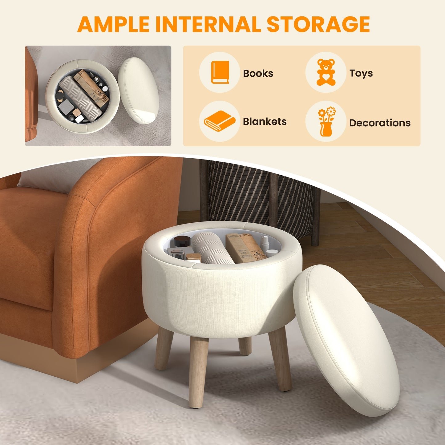 Round Upholstered Storage Ottoman with Flip Lid, Rubber Wood Legs and Adjustable Foot Pads - Beige
