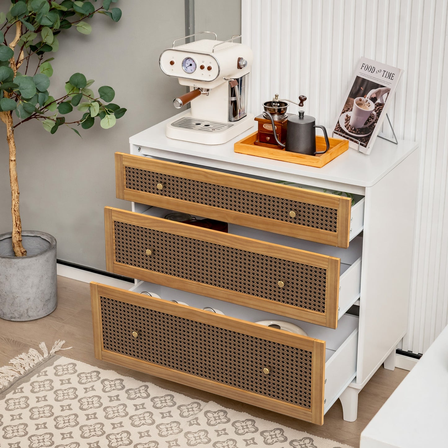 3-Drawer Rattan Storage Dresser with Anti-Tip Kit and Boho Style – White and Brown