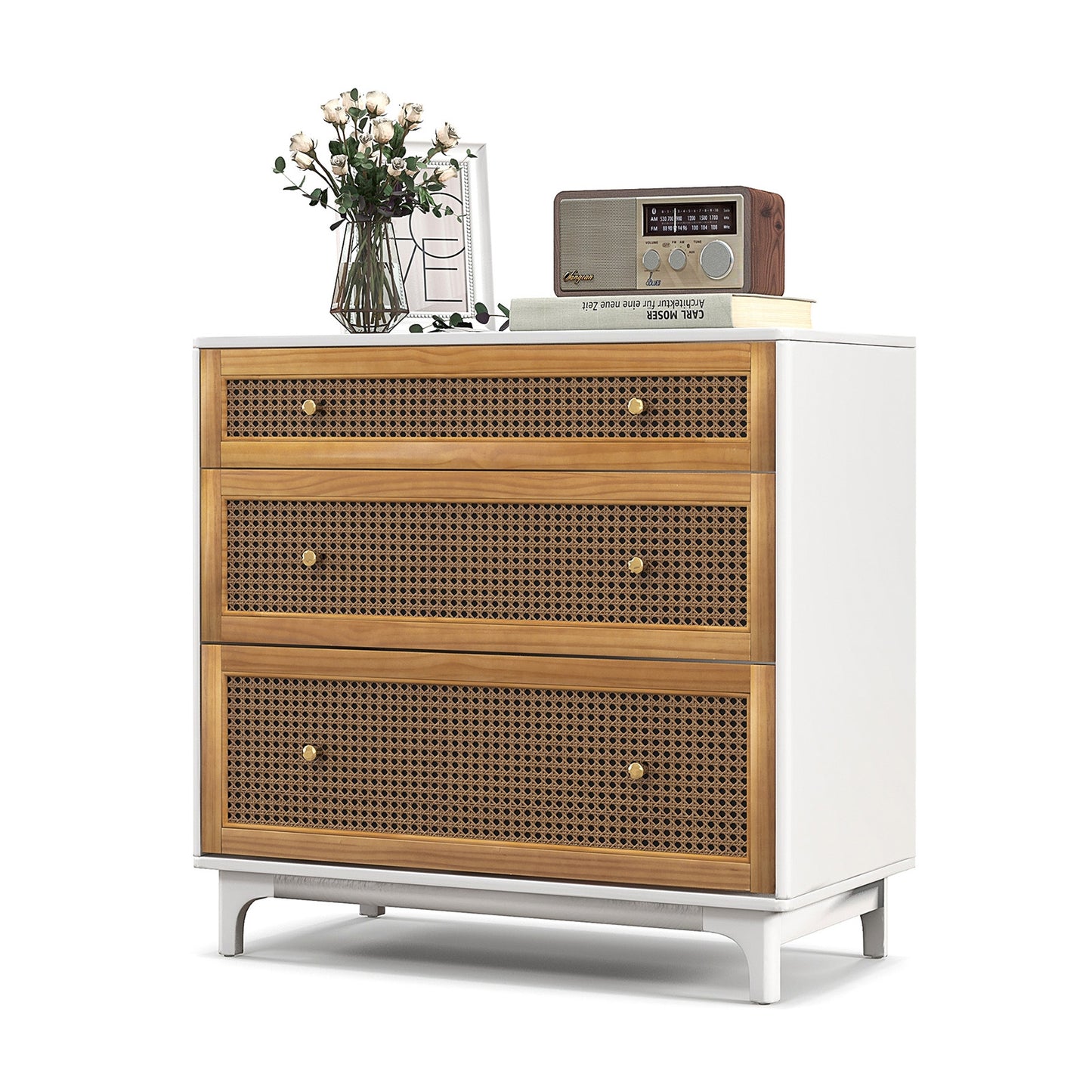 3-Drawer Rattan Storage Dresser with Anti-Tip Kit and Boho Style – White and Brown