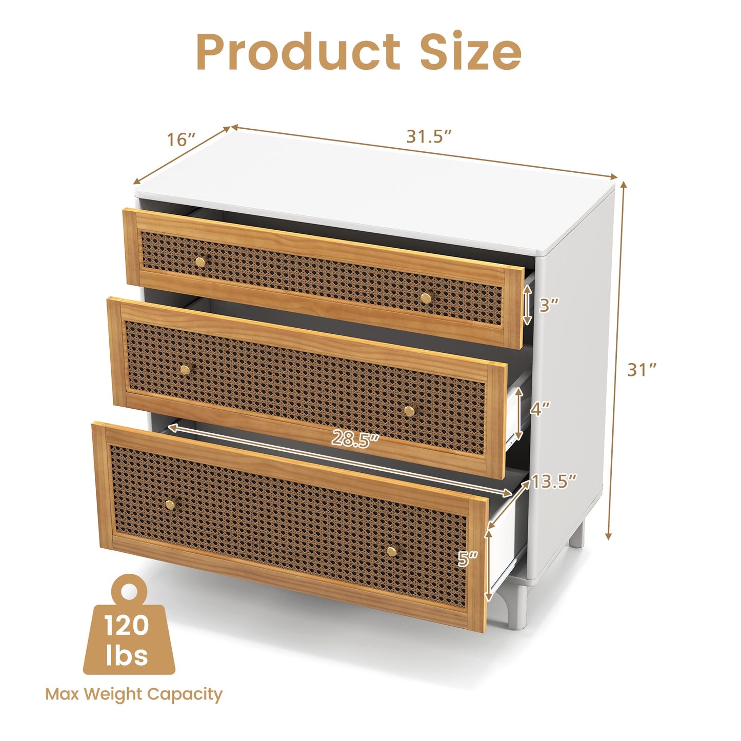 3-Drawer Rattan Storage Dresser with Anti-Tip Kit and Boho Style – White and Brown