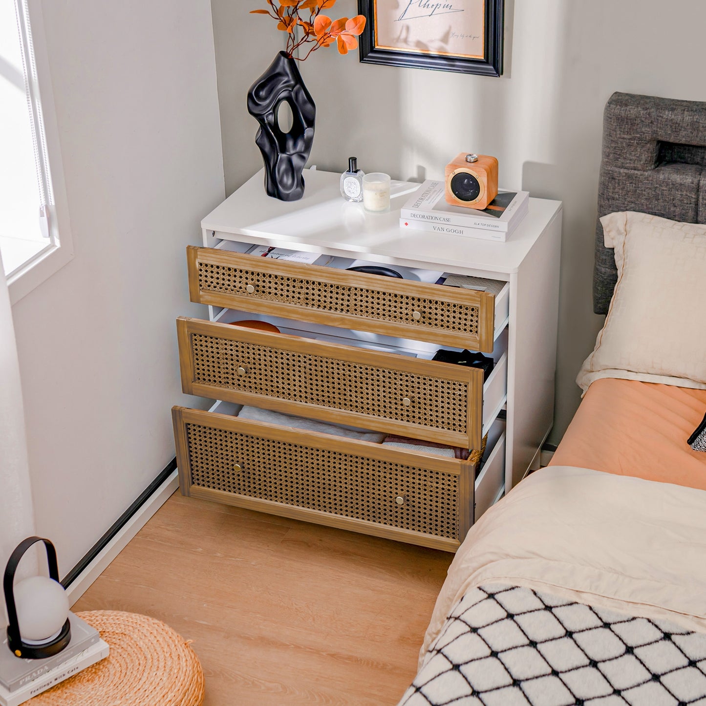 3-Drawer Rattan Storage Dresser with Anti-Tip Kit and Boho Style – White and Brown