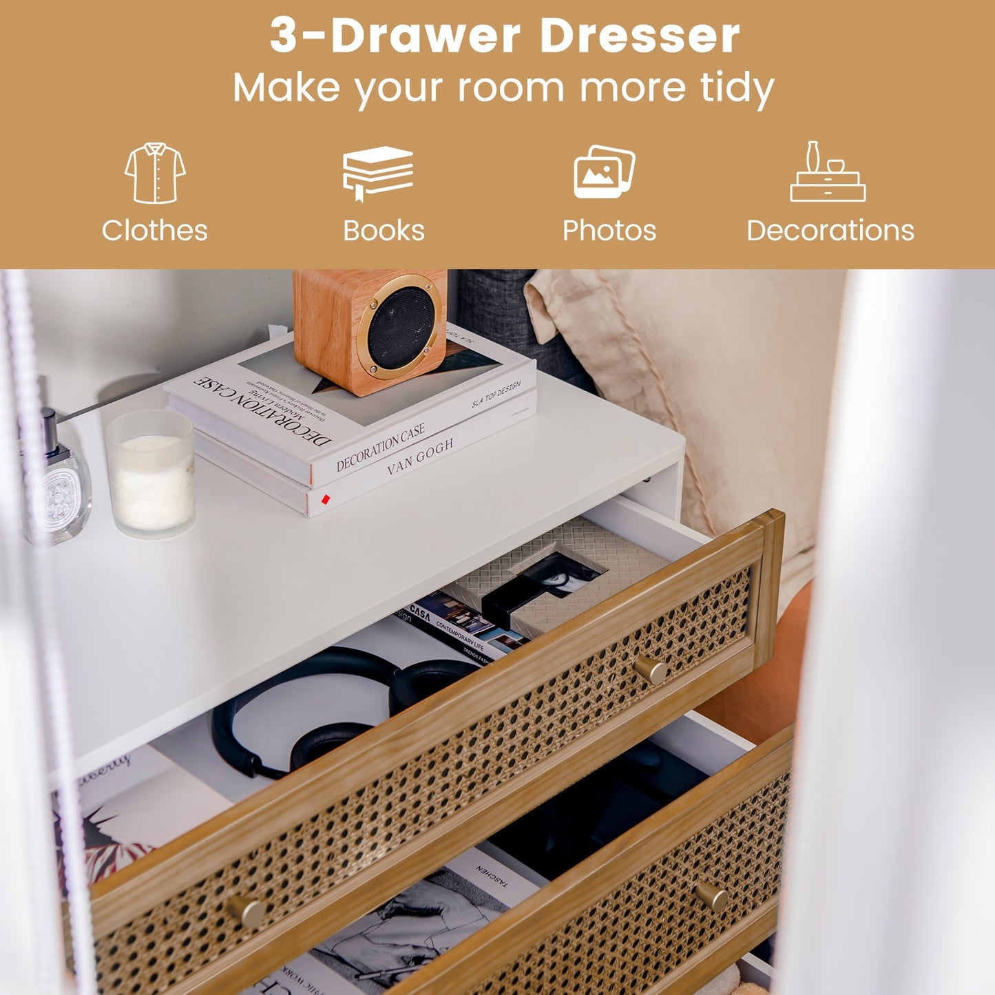 3-Drawer Rattan Storage Dresser with Anti-Tip Kit and Boho Style – White and Brown