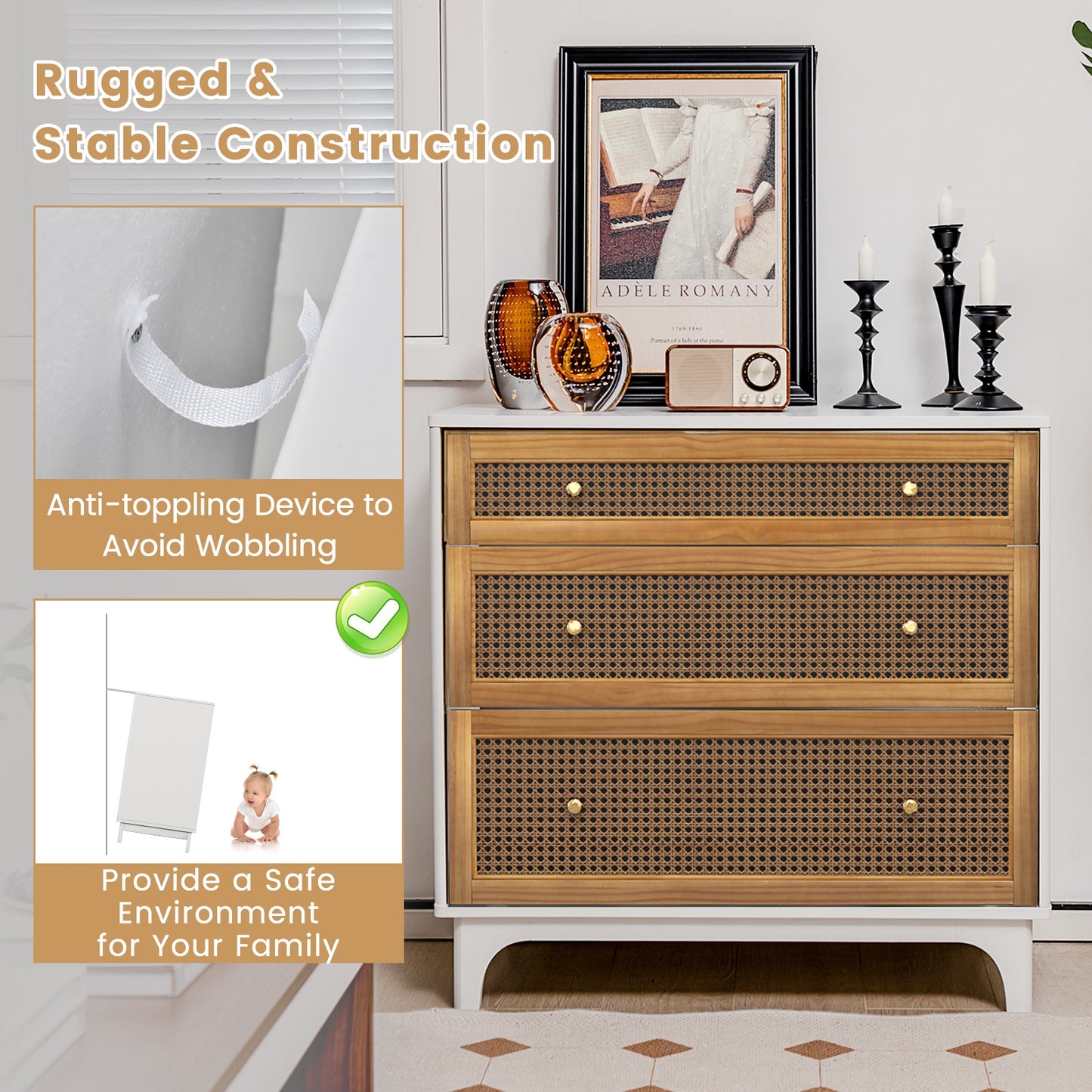 3-Drawer Rattan Storage Dresser with Anti-Tip Kit and Boho Style – White and Brown
