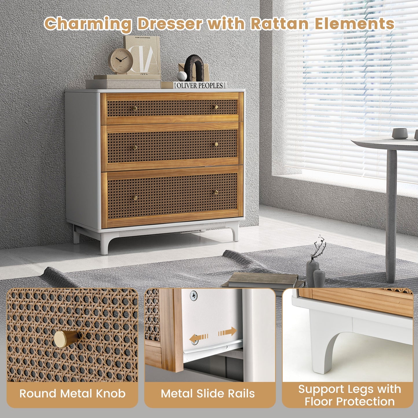 3-Drawer Rattan Storage Dresser with Anti-Tip Kit and Boho Style – White and Brown