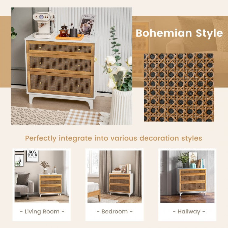 3-Drawer Rattan Storage Dresser with Anti-Tip Kit and Boho Style – White and Brown