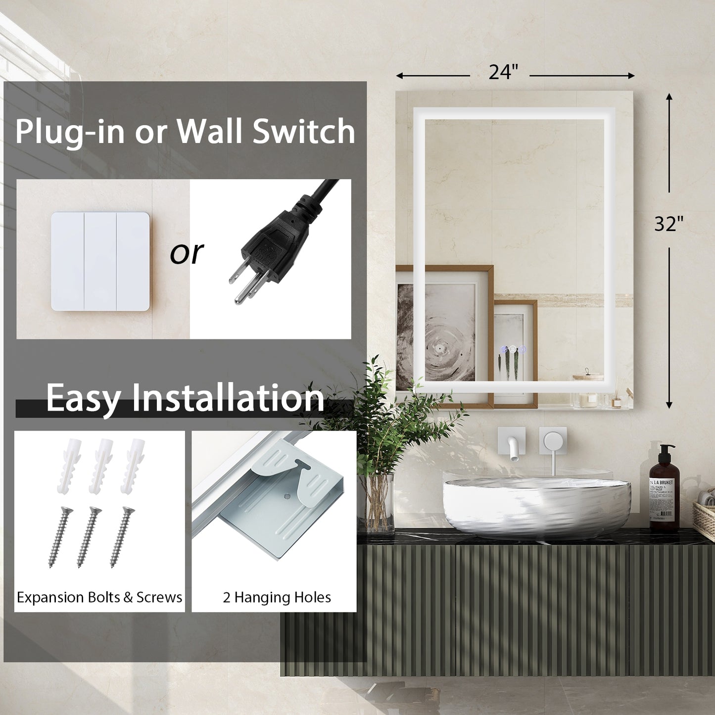 32 x 24 Inch LED Bathroom Mirror with Anti-Fog, 3 Color Front Light & 8 Color RGB Backlight