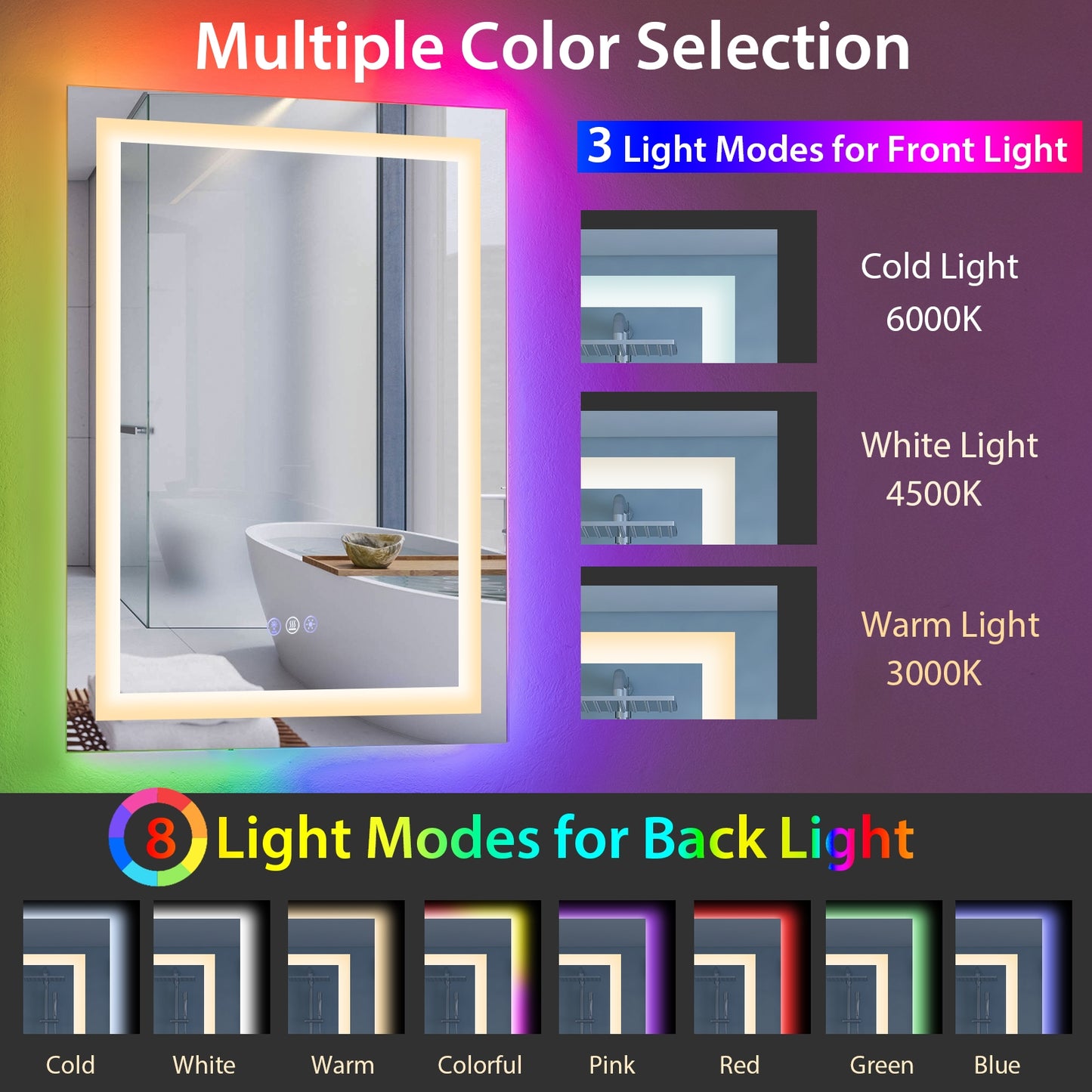 32 x 24 Inch LED Bathroom Mirror with Anti-Fog, 3 Color Front Light & 8 Color RGB Backlight