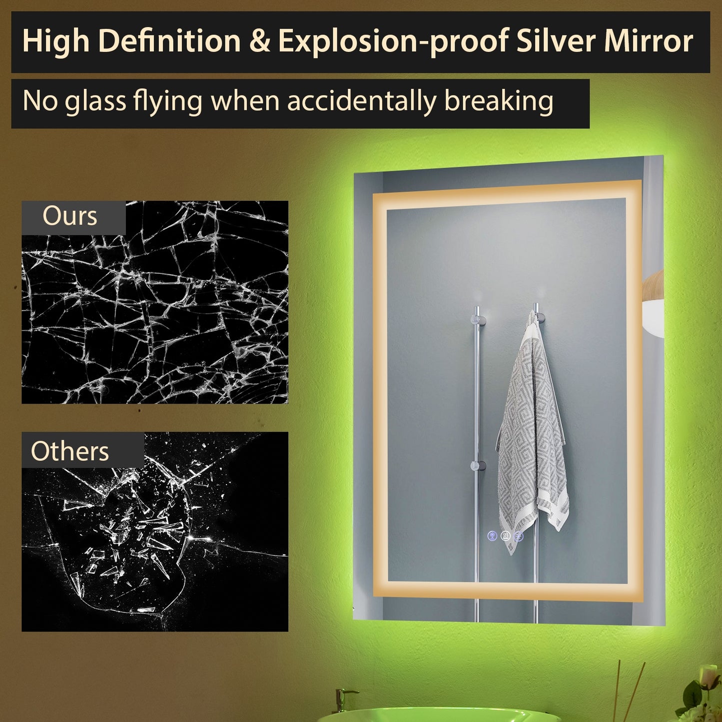 32 x 24 Inch LED Bathroom Mirror with Anti-Fog, 3 Color Front Light & 8 Color RGB Backlight